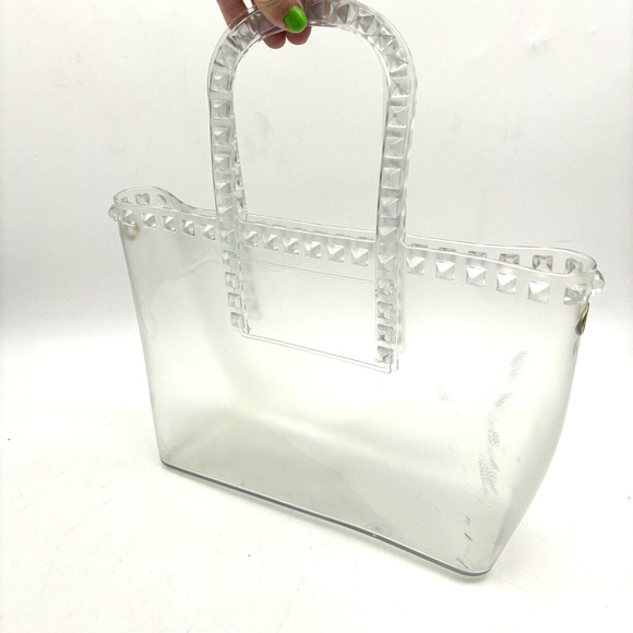 Vintage 00s Y2K Clear PVC Jelly Double Handle Pyramid Studded Purse 13x8" - Picture 3 of 12
